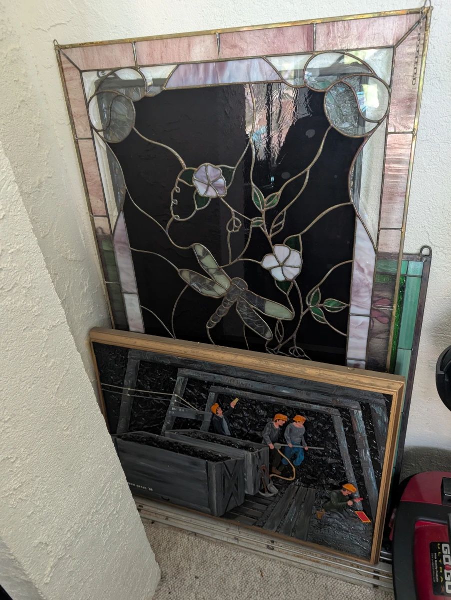 Stained Glass Panel and Framed Miner Artwork Grouping