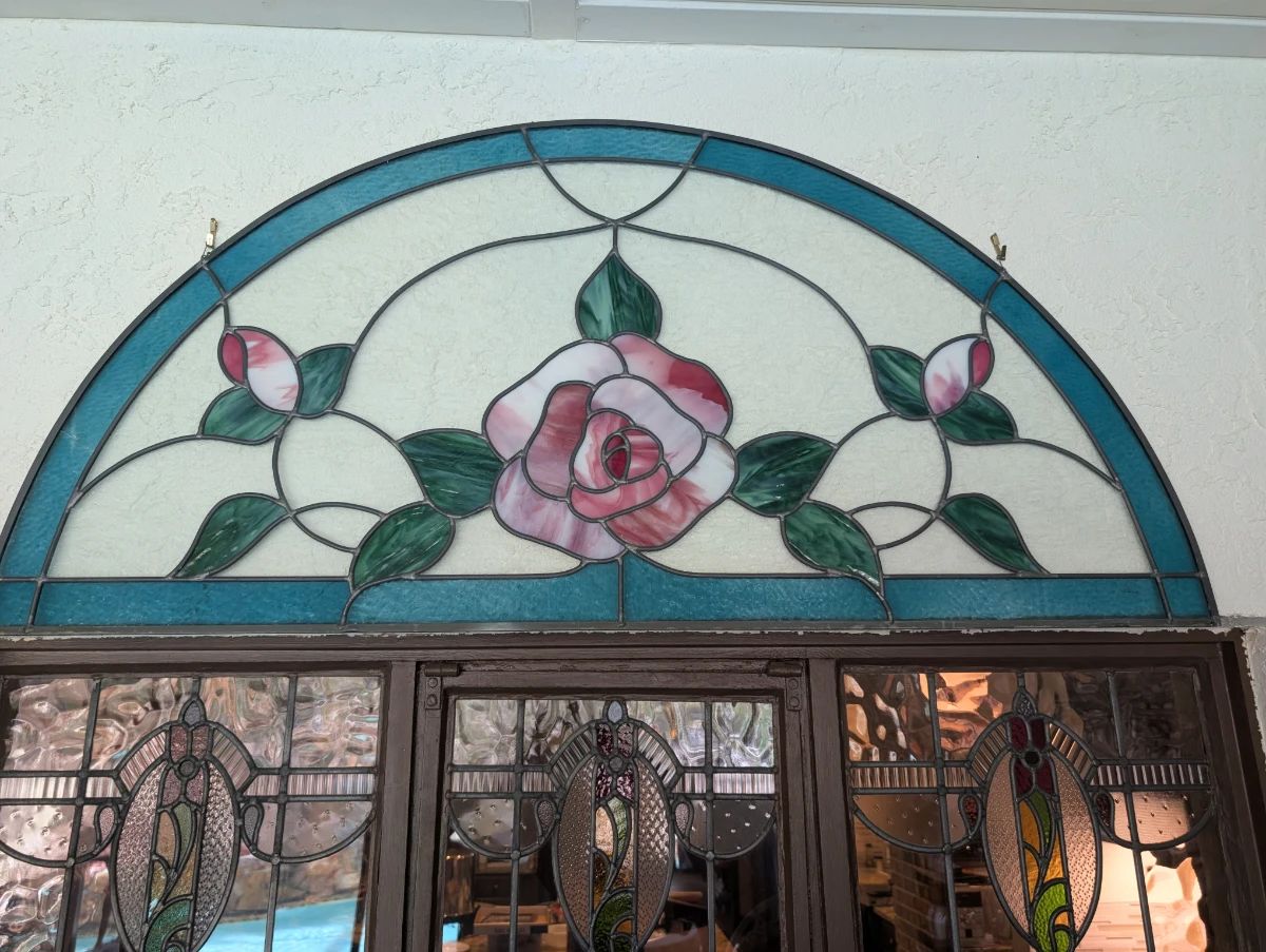 Victorian Aesthetic Rose Stained Glass Arched Transom Window