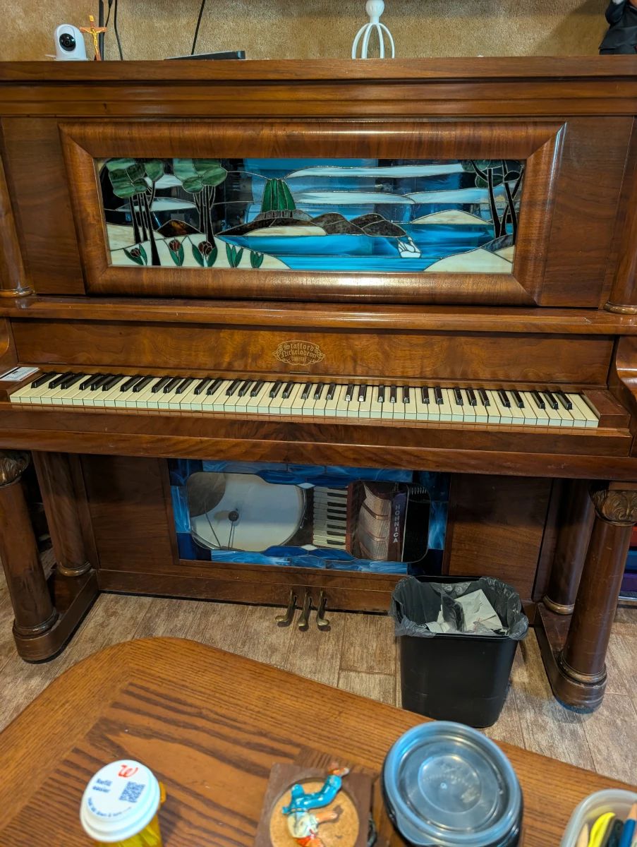 Carnegie Hall Player Piano with Stained Glass Panel