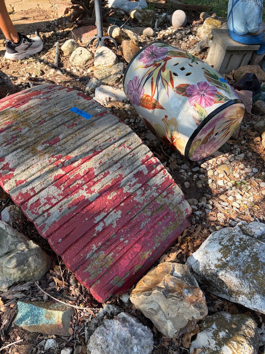 25% + NRH Hidden Nostalgic Vtg. Yard Art, Weathered Cement Statues & Charming Trellises & Trailer