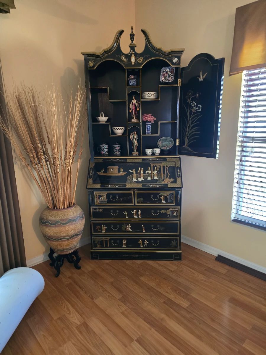 Black Lacquered Chinoiserie Secretary Desk with Hutch