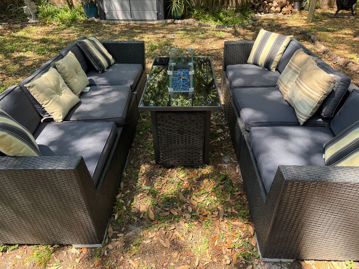 All-Weather Wicker Outdoor Sectional Sofa and Fire Pit Table Group