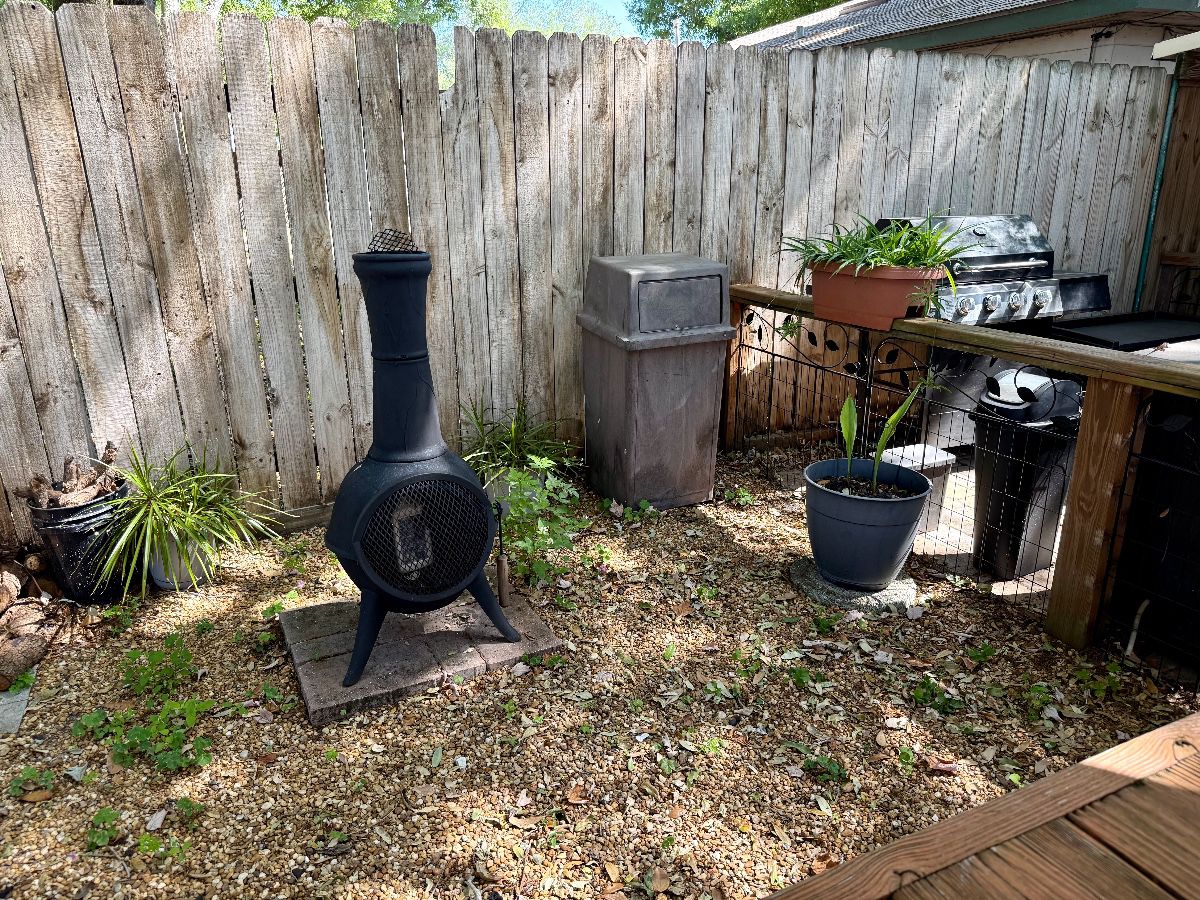 Outdoor Entertaining Assortment: Chiminea, Gas Grill, & Trash Receptacles