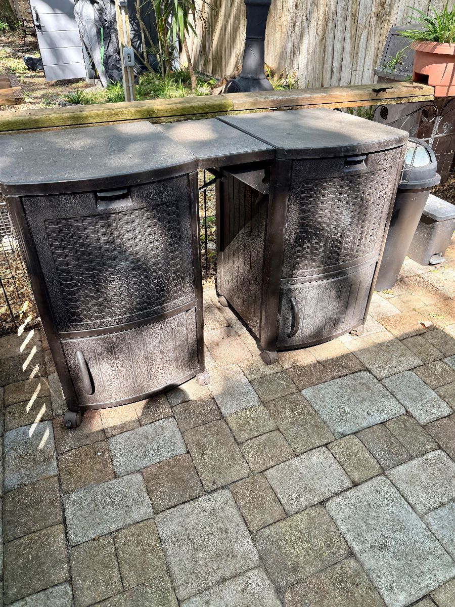 Suncast Outdoor Storage Hideaway Bins with Trash Can Set