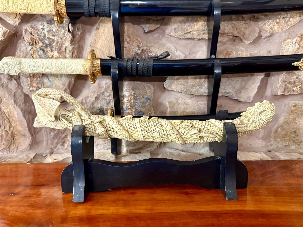 Dragon Carved Japanese Katana Collection with Display Stand