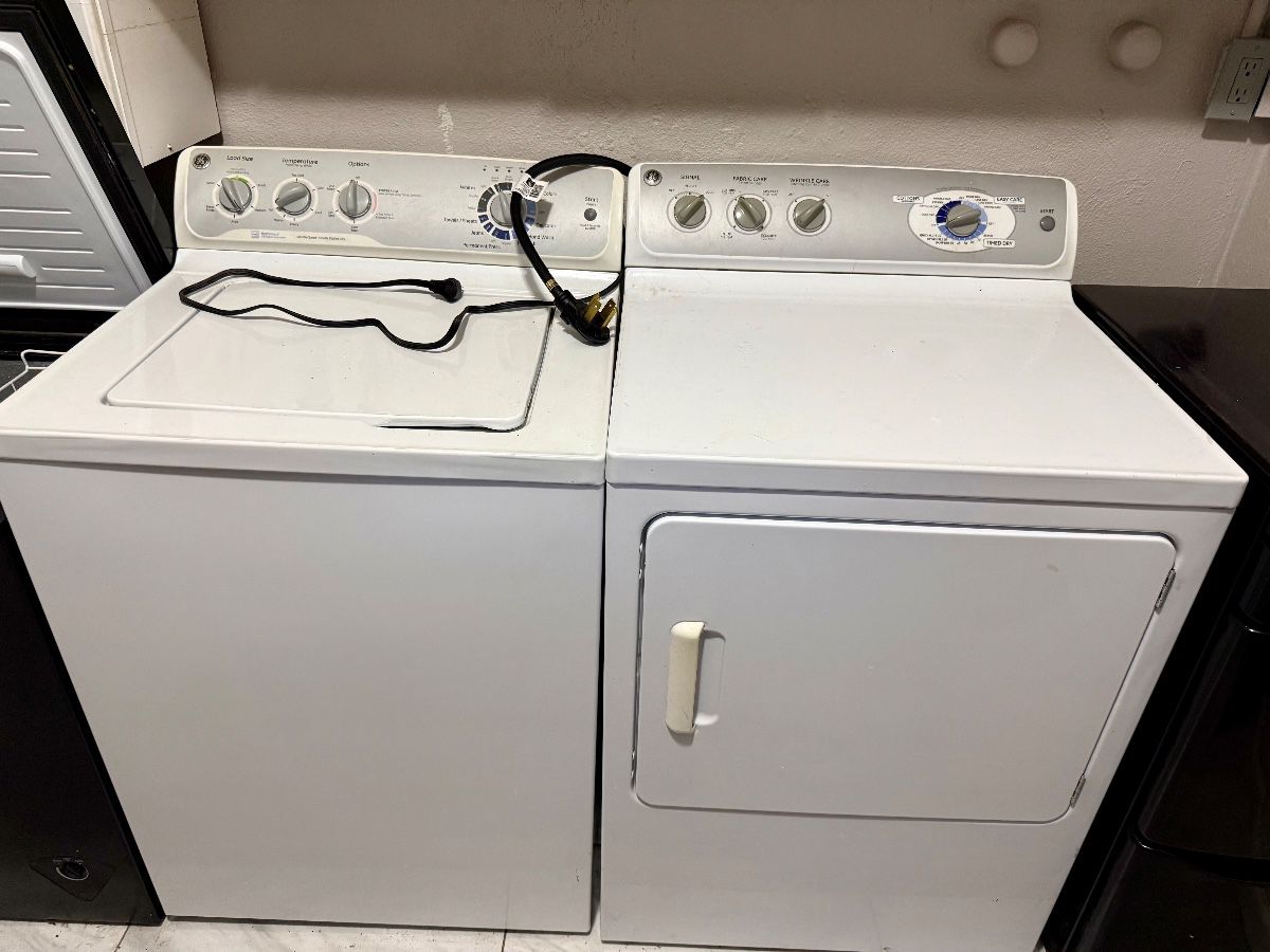 GE White Top Load Washer and Front Load Dryer Set