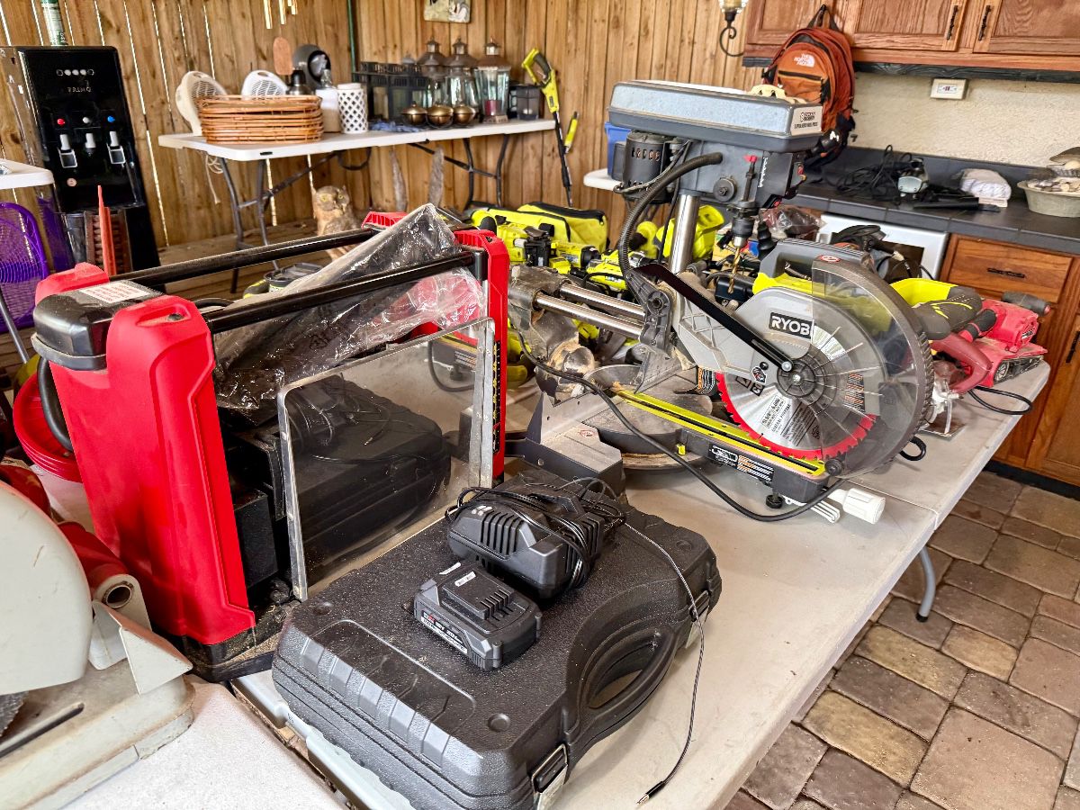 Power Tool Assortment: Ryobi Miter Saw, Drill Press, and Ryobi Battery Group