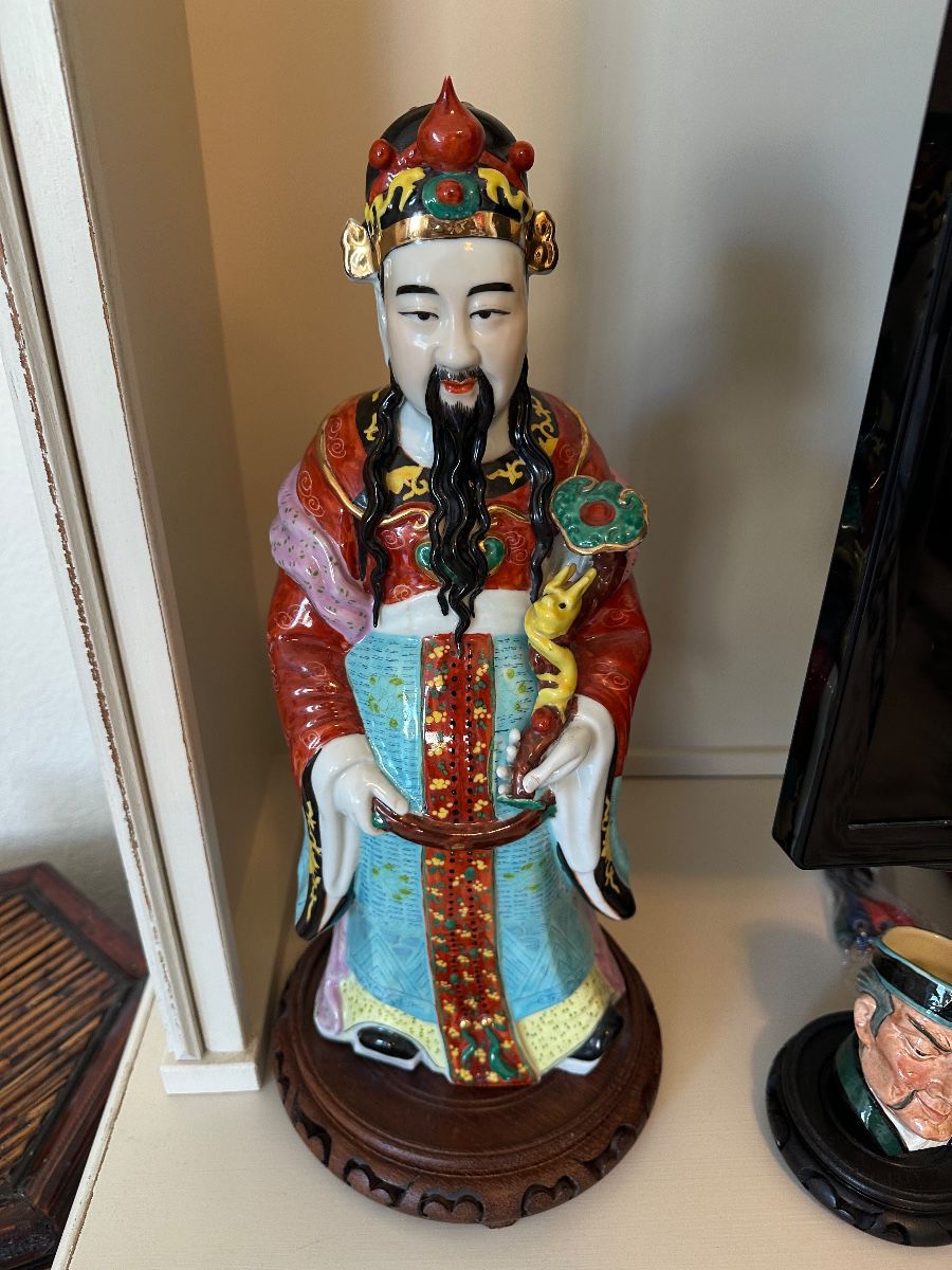Chinese God of Wealth Figurine on Carved Wooden Base
