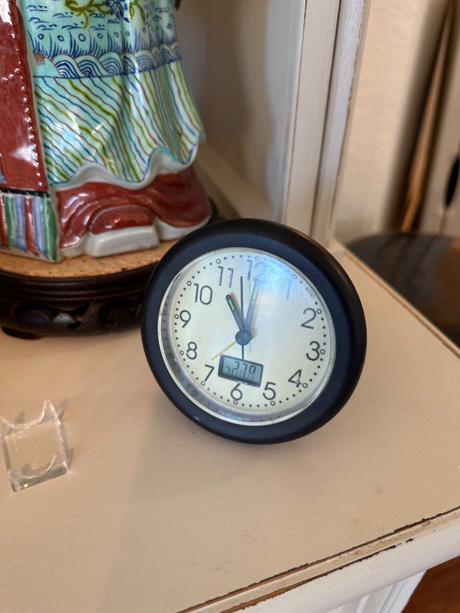 Vintage Black Mini Alarm Clock with Digital Date Display