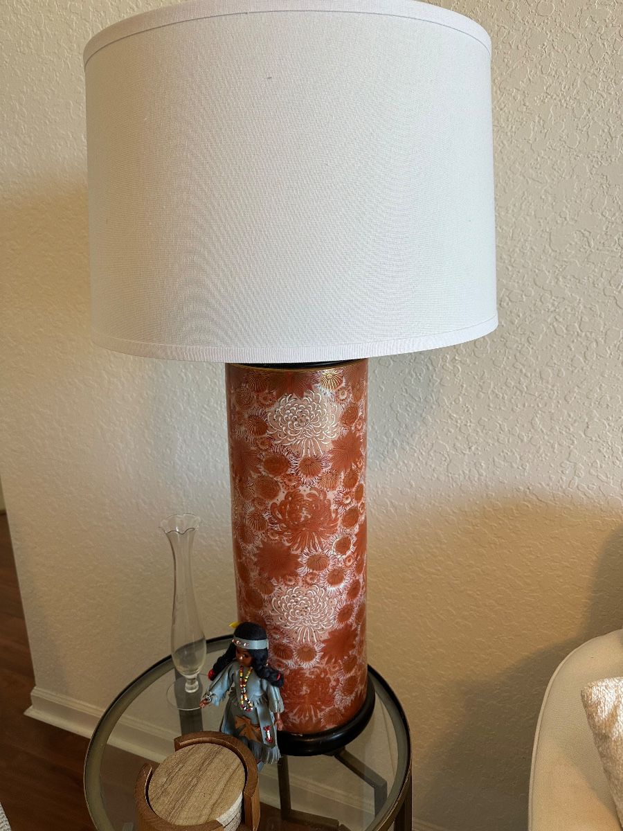 Cylindrical Ceramic Table Lamp with Floral Motif