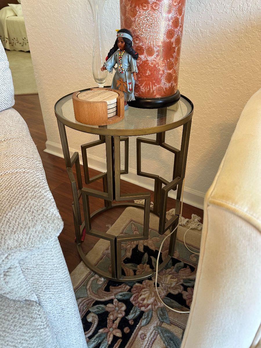 Nesting Side Table with Geometric Metal Base and Glass Top
