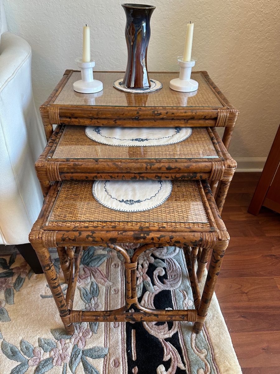 Vintage Rattan & Glass Nesting Tables Set of 3