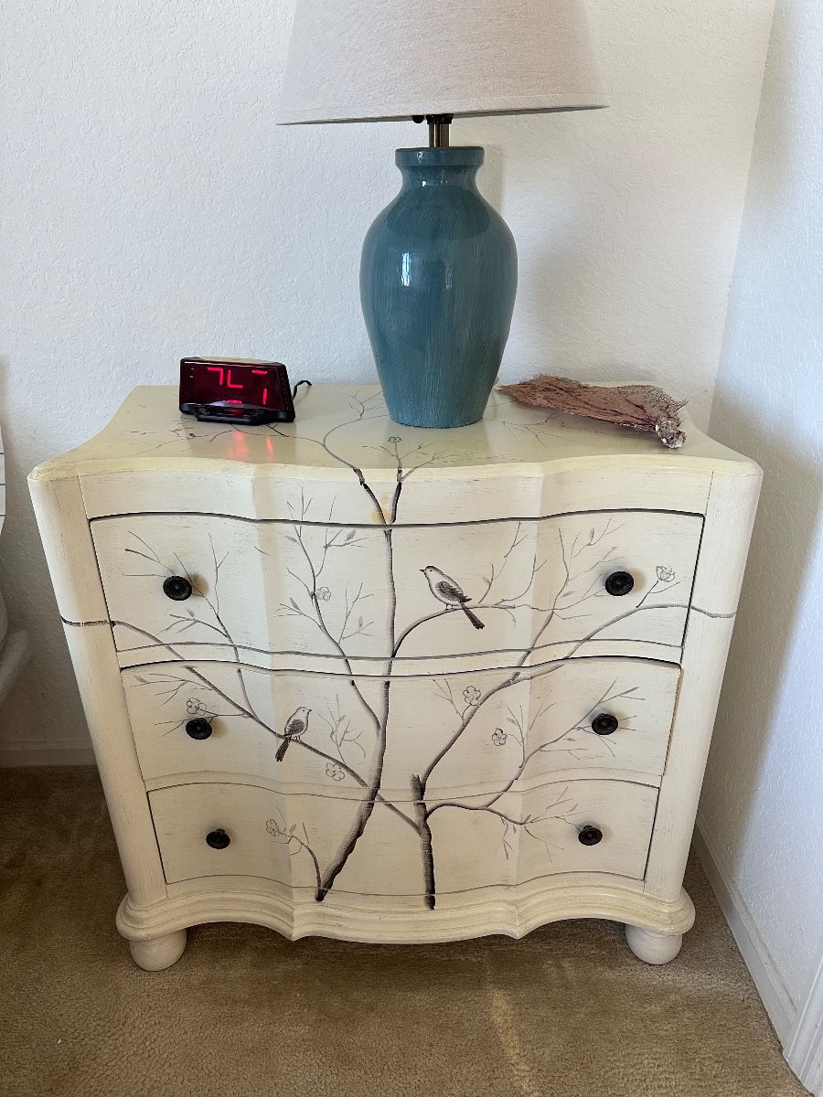 Vintage Hand-Painted Bird & Tree Nightstand Chest