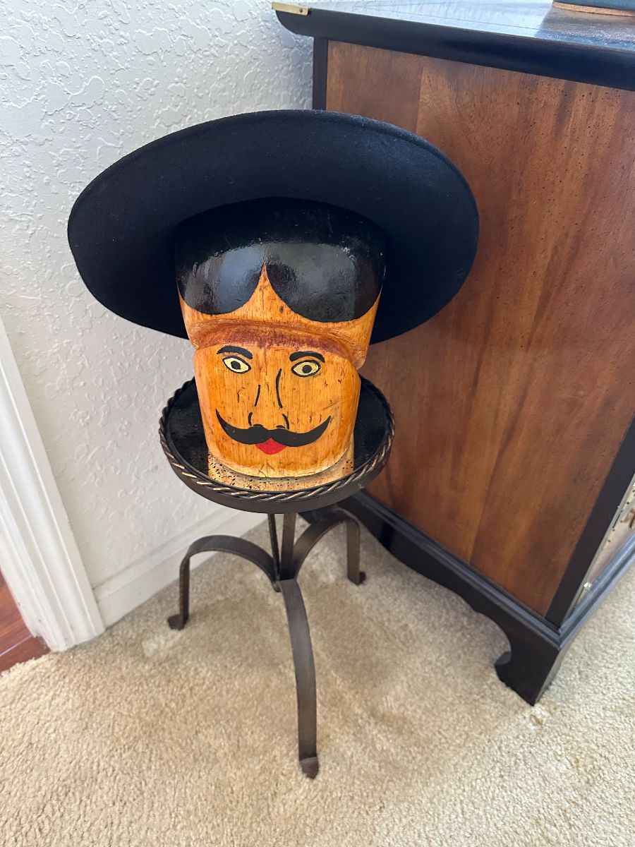 Vintage Carved Wooden Head Bust with Hat on Ornate Metal Stand