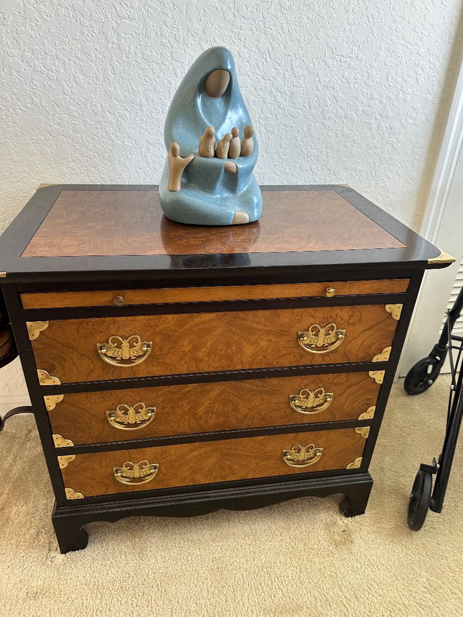Burl Wood Campaign Style Three-Drawer Chest