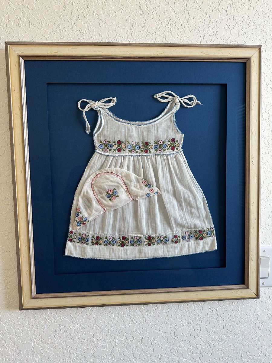 Framed Vintage Embroidered Infant Dress and Bonnet Ensemble