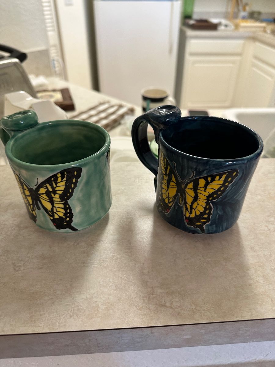 Pair of Artisan Butterfly Pottery Mugs