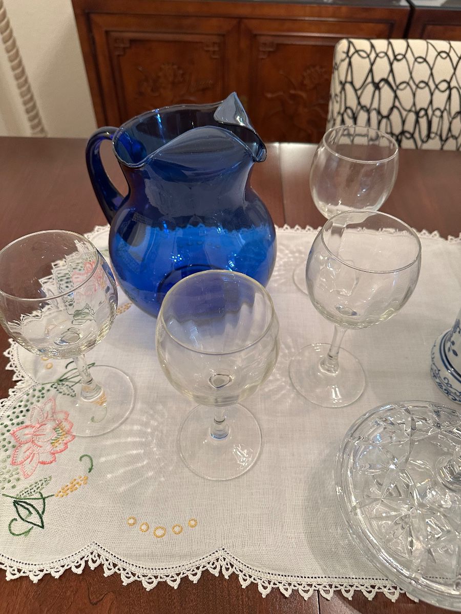 Glassware Assortment: Cobalt Pitcher, Cordial Glasses & Cut Glass Dish