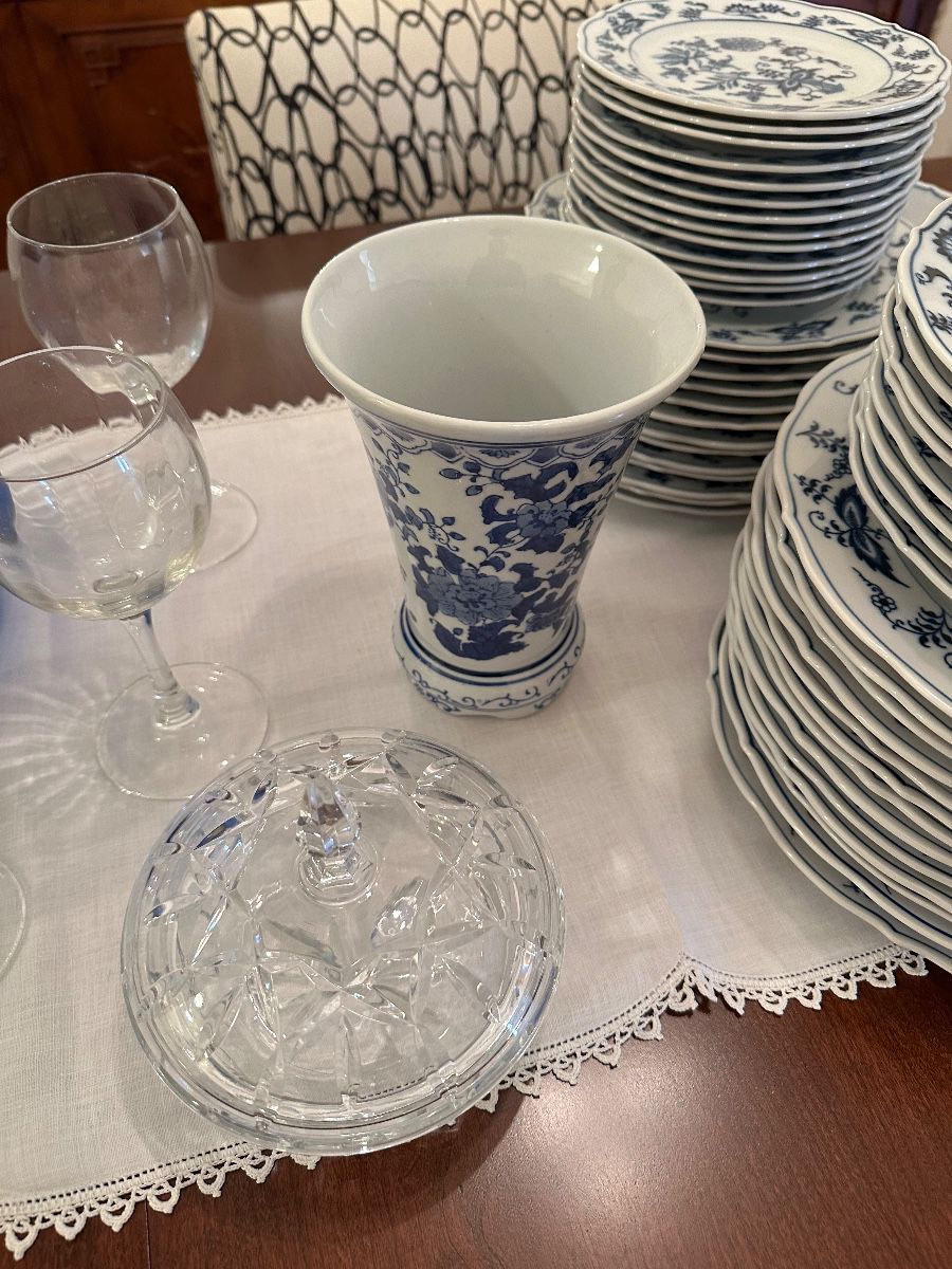 Blue Onion Pattern Dinnerware & Crystal Assortment