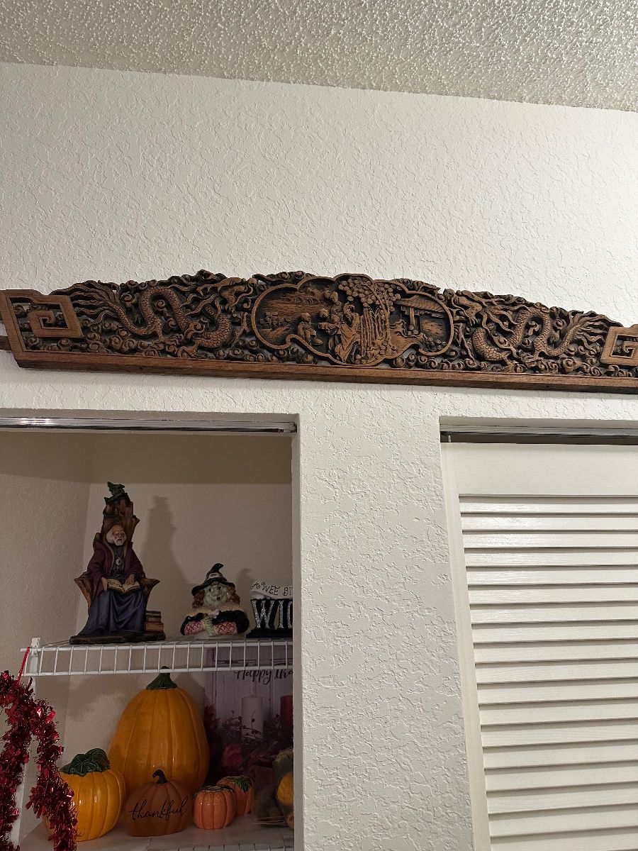 Vintage Dragon and Landscape Wood Carving Wall Panel