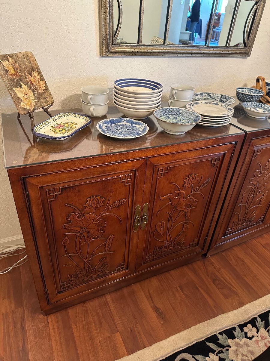 Asian Carved Wood Cabinet with Glass Top