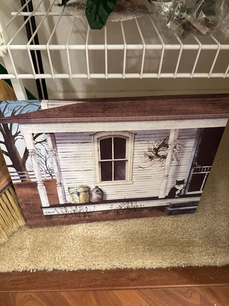 "Shelby Gilbert" Signed Americana Porch Scene Painting with Cat and Vintage Stoneware Crocks