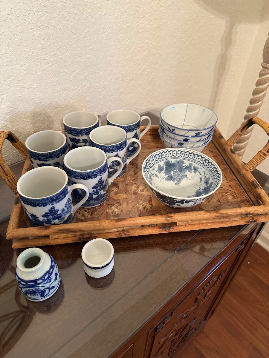 Blue and White Asian Motif Ceramic Tea Set Assortment