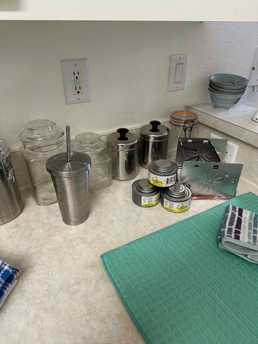 Kitchen Countertop Assortment: Canisters, Tumbler, Fuel Cans, & Linens