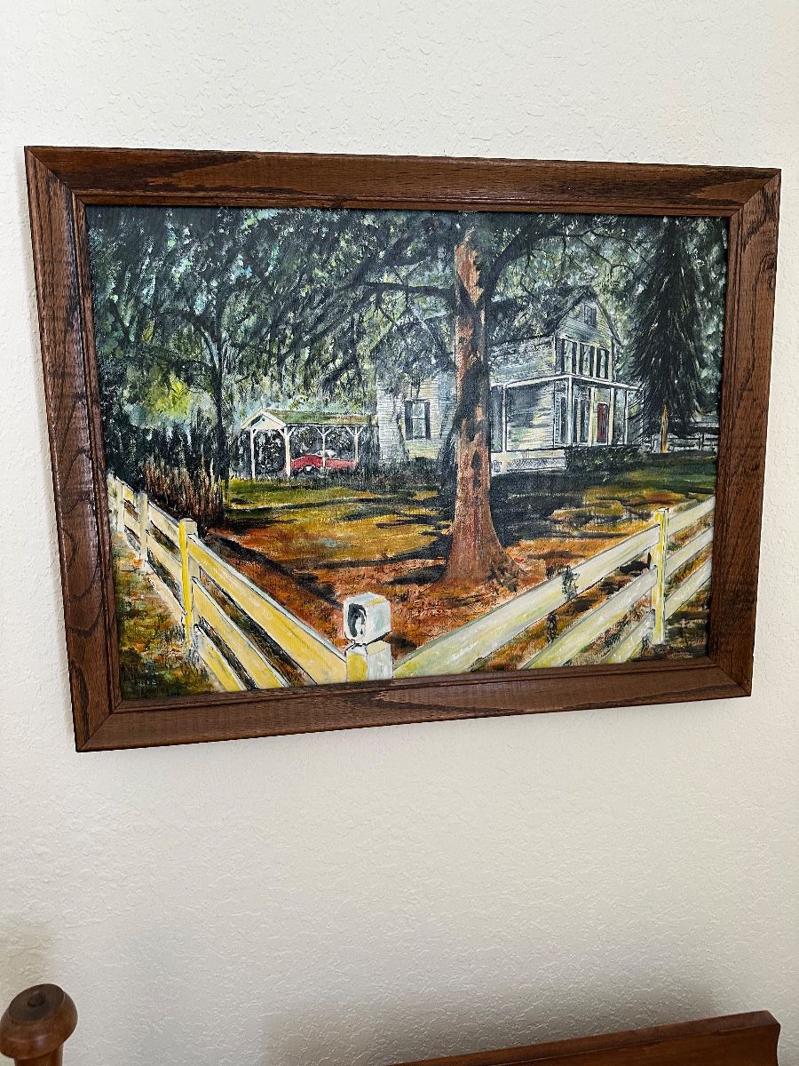 Vintage Farmhouse Landscape Painting with Wood Frame