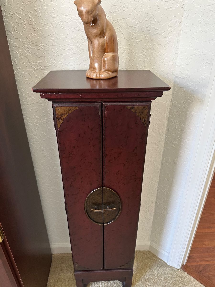 Asian Style Accent Cabinet with Ceramic Cat Figurine