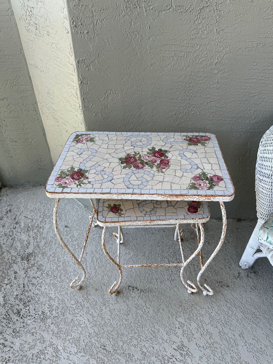 Vintage Mosaic Tile Nesting Accent Table Set Floral Rose