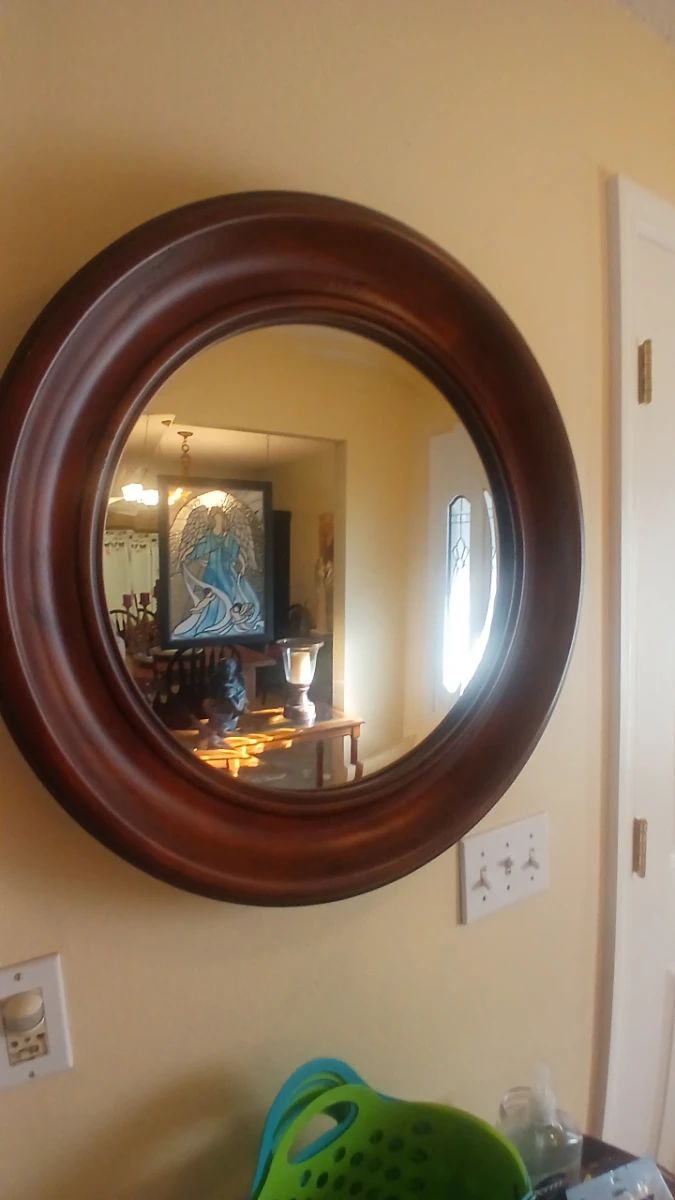 Round Wall Mirror with Dark Wood Frame
