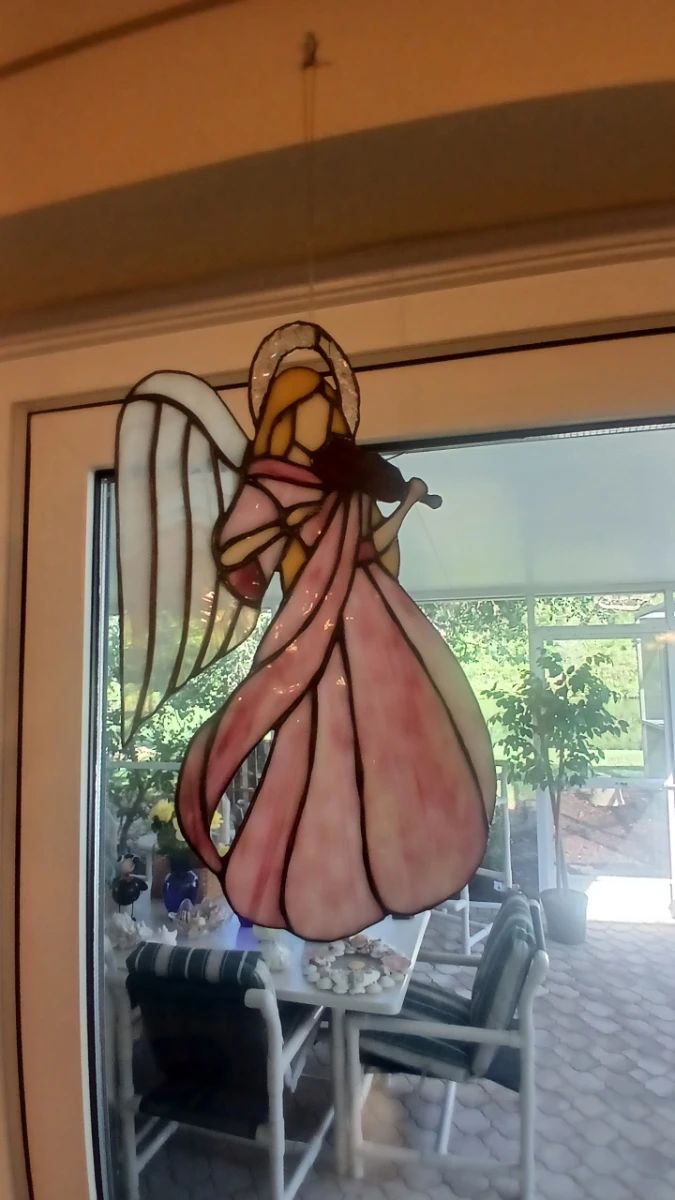 Stained Glass Angel Playing Violin Window Hanging