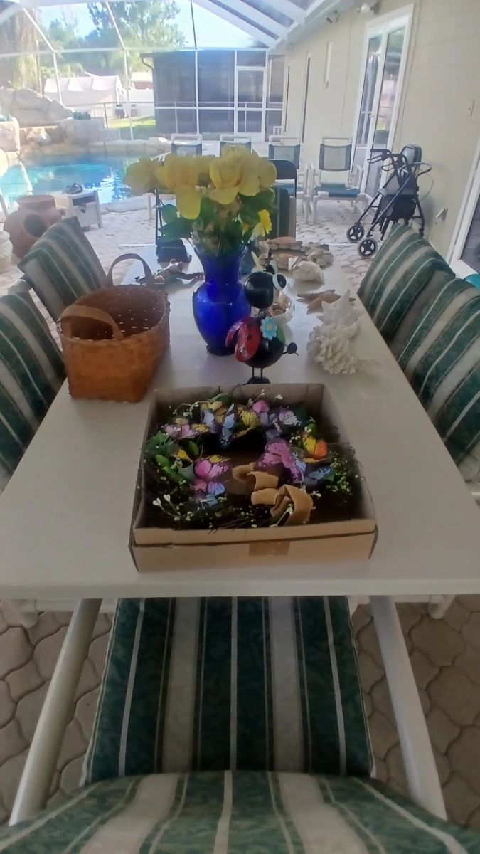 Decorative Butterfly & Floral Wreath with Cobalt Blue Glass Vase and Woven Basket