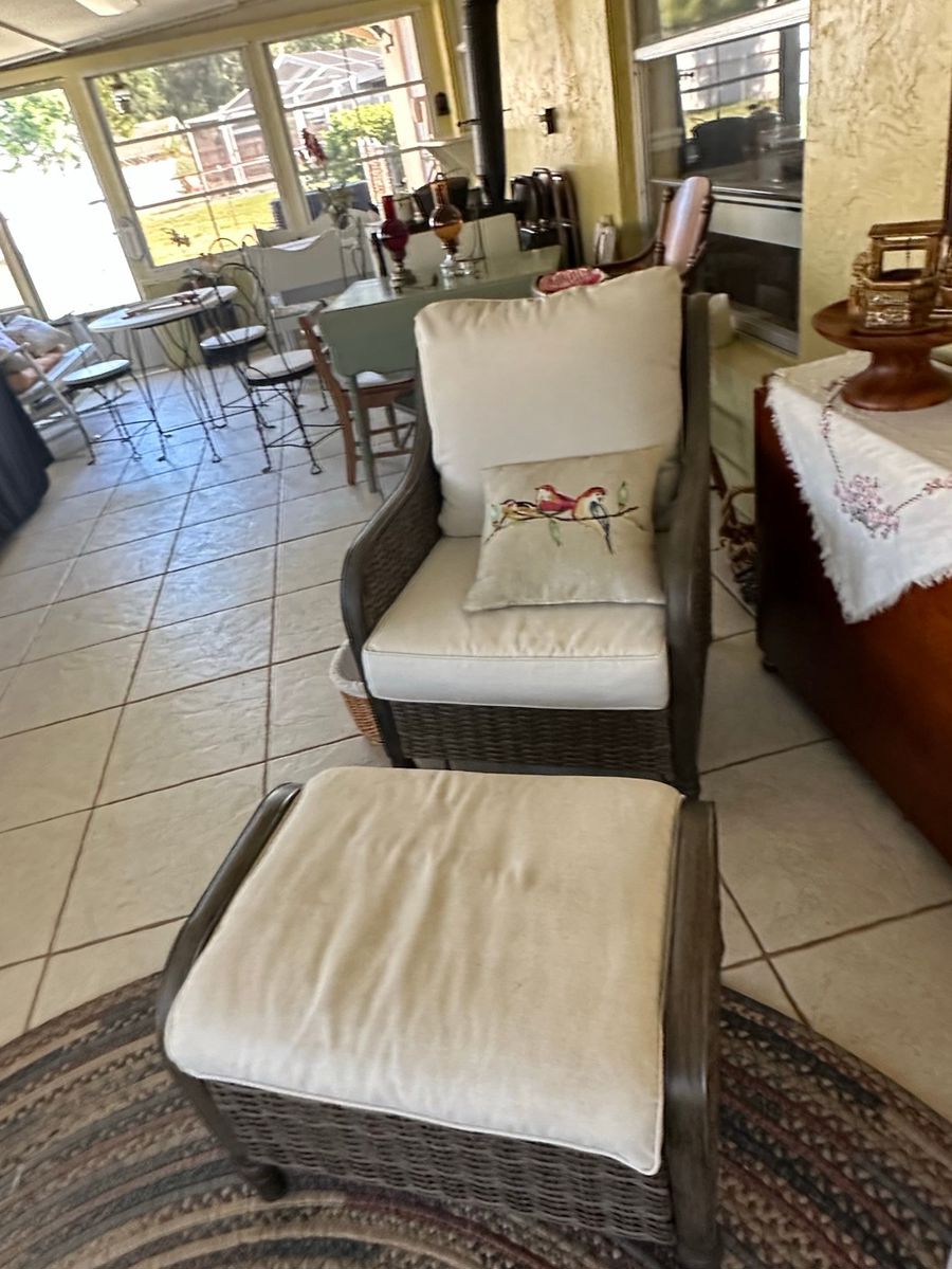 Wicker Patio Chair & Ottoman Set with Decorative Pillow