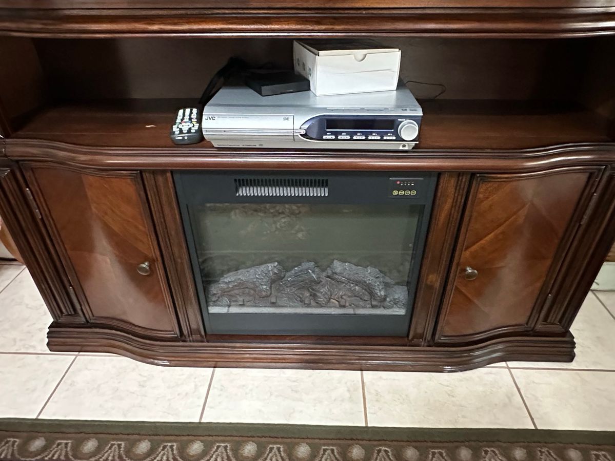 Mahogany Media Console with Electric Fireplace and Storage