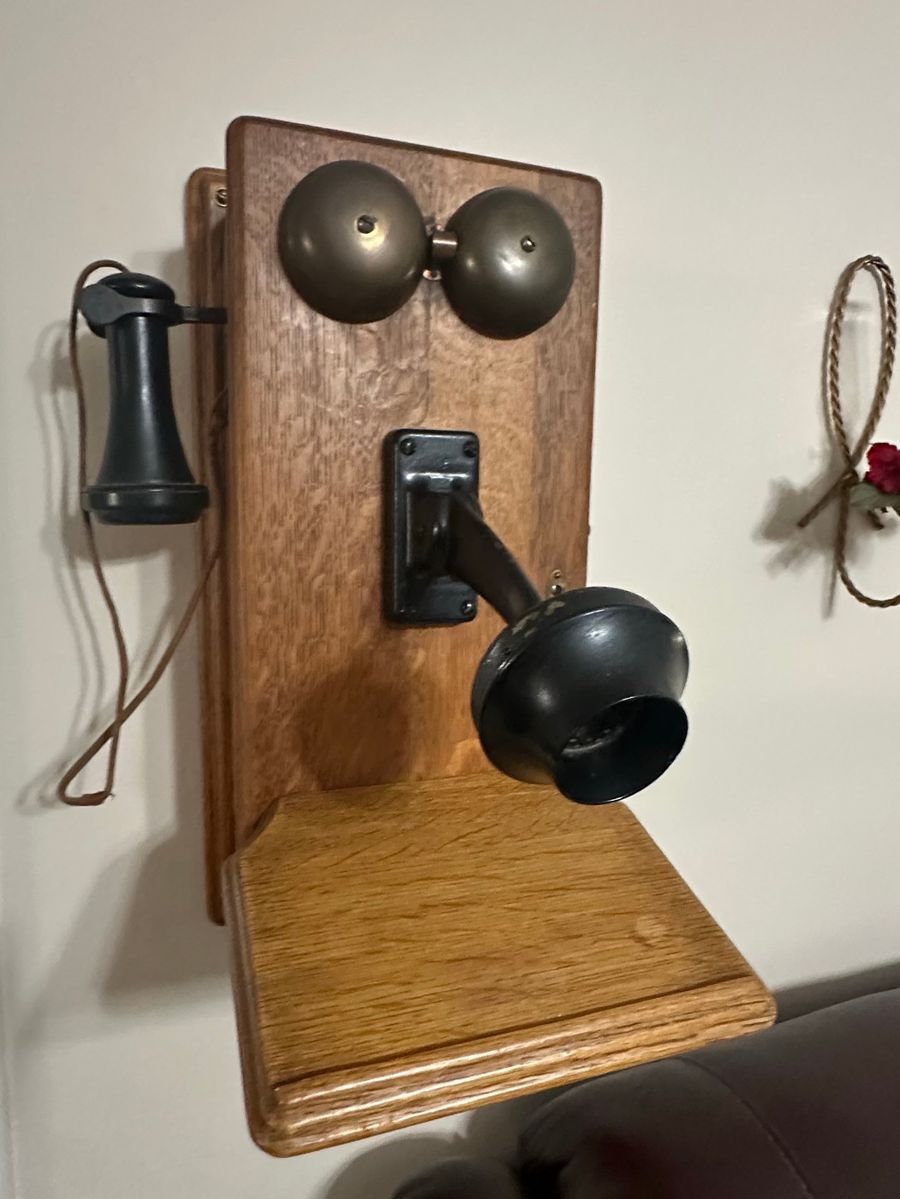 Antique Candlestick Wall Telephone with Oak Mount