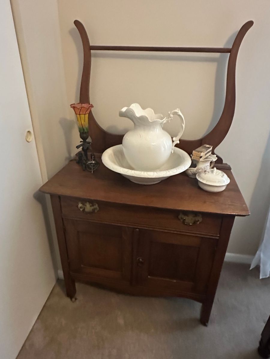 Antique Washstand Set with Victorian Stained Glass Lamp