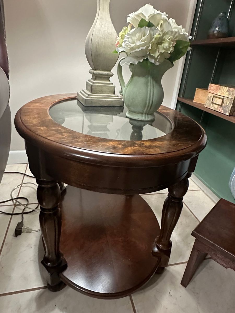 Vintage Round Inlaid Wood End Table with Glass Top
