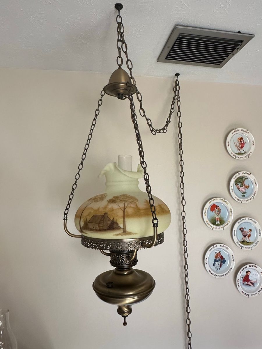 Vintage Hanging Parlor Lamp with Landscape Scene