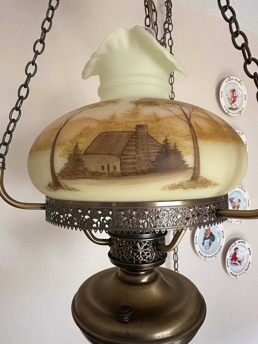 Victorian Style Hanging Lamp with Hand-Painted Cabin Scene Shade