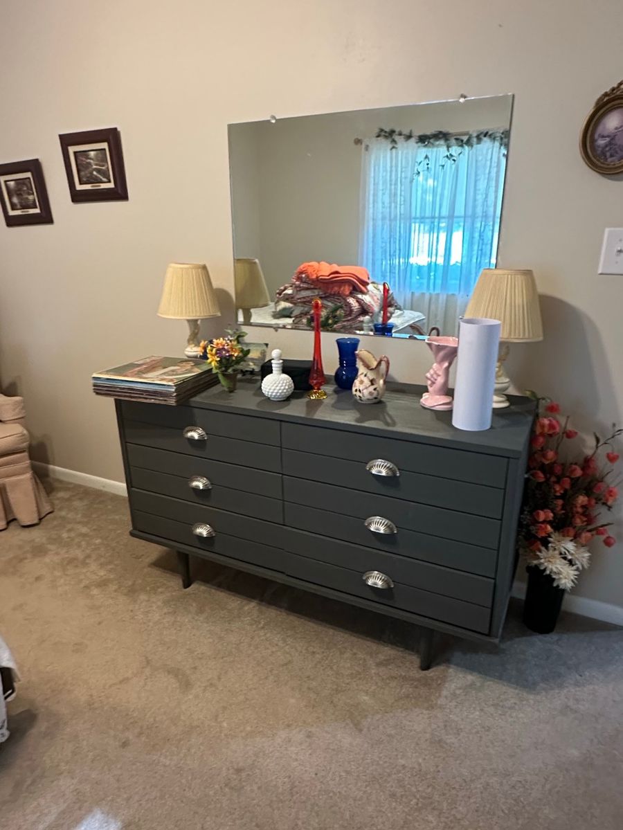 Mid-Century Modern Dresser with Mirror and Assorted Decor