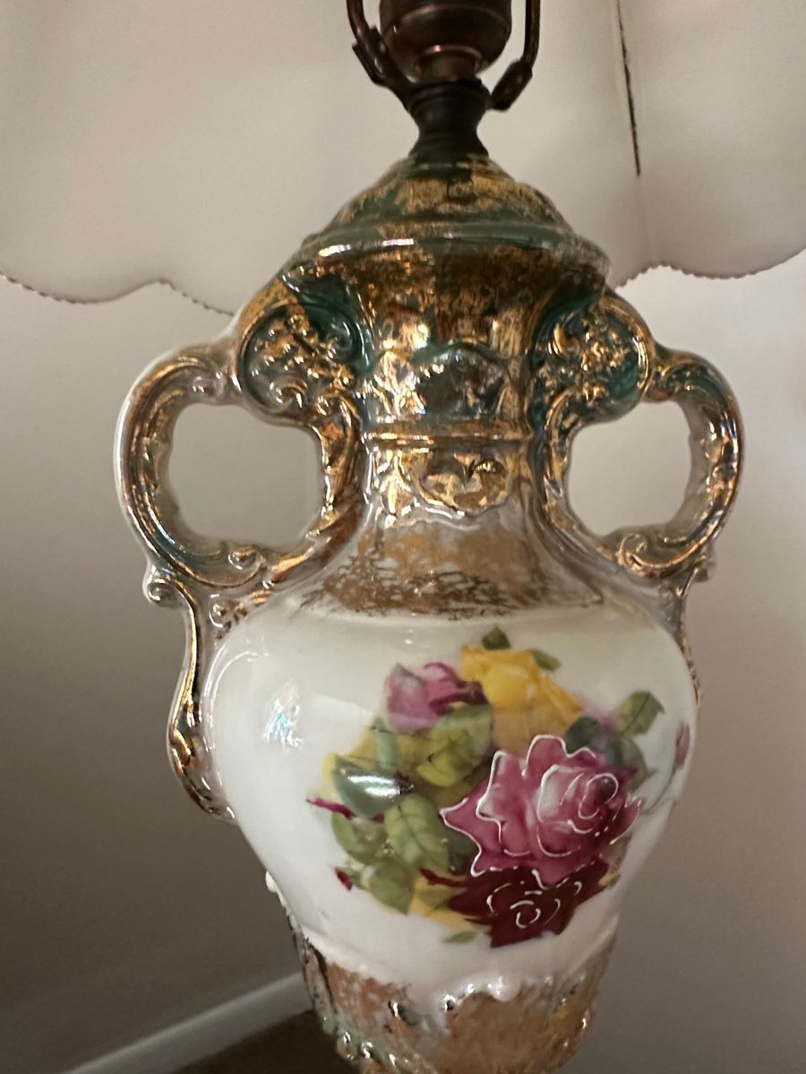 Vintage Ornate Porcelain Lamp Base with Hand-Painted Roses