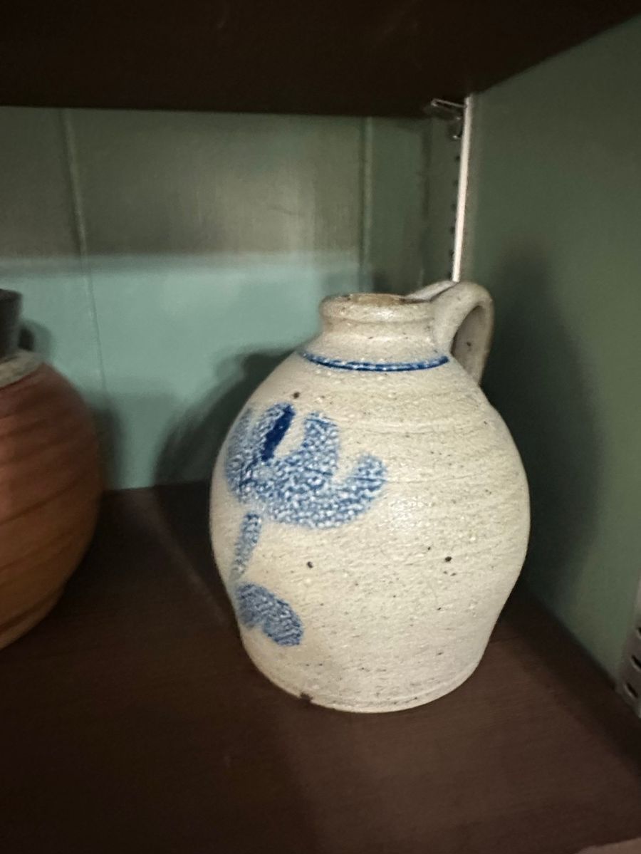 Vintage Blue Floral Decorated Stoneware Jug