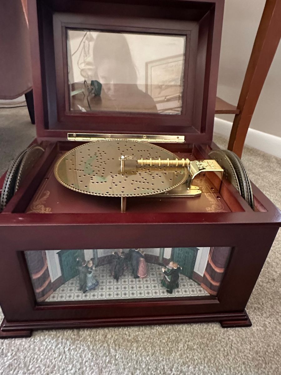 Vintage Revolving Cylinder Music Box with Mirrored Lid and Dancing Scene