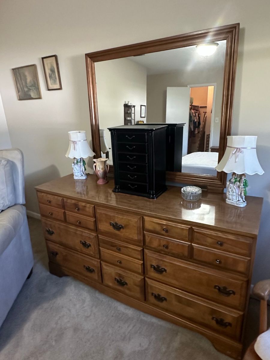 Vintage Wood Dresser with Mirror and Matching Lamps