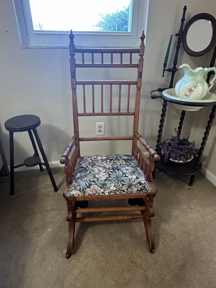 Victorian Washstand with Spindle-Back Rocker Chair and Stool