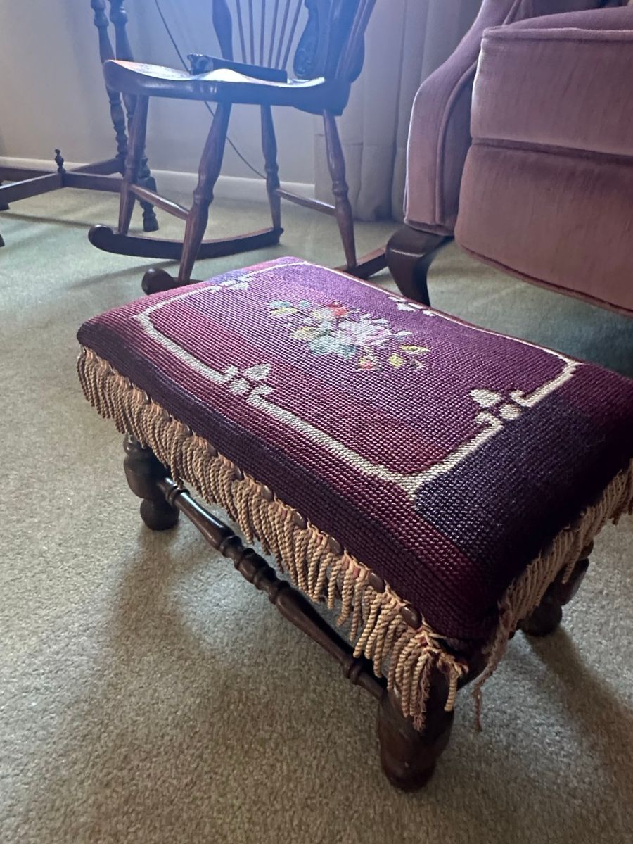 Vintage Needlepoint Ottoman with Floral Embroidery