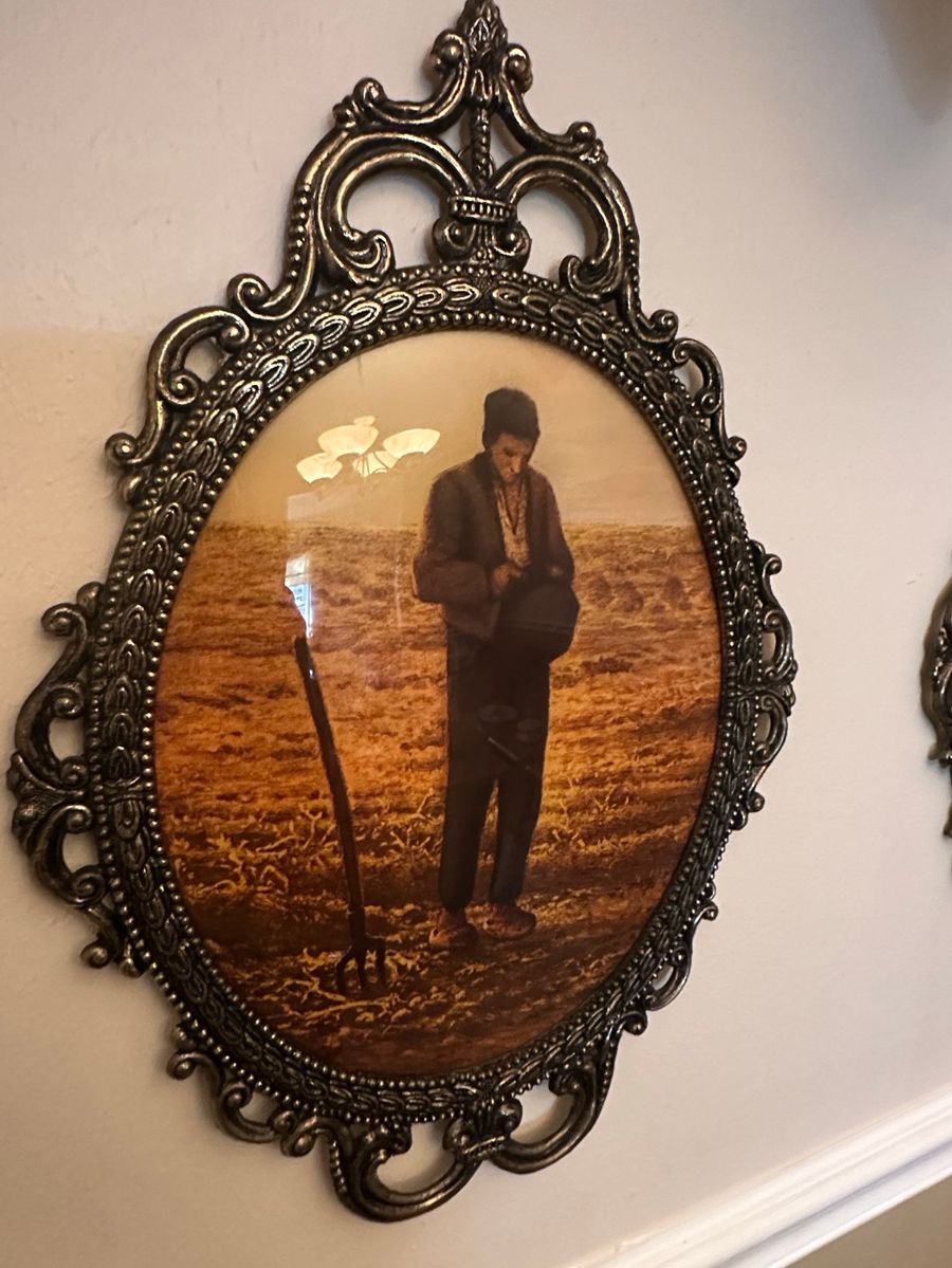 Ornate Oval Framed Vintage Print of Agricultural Scene