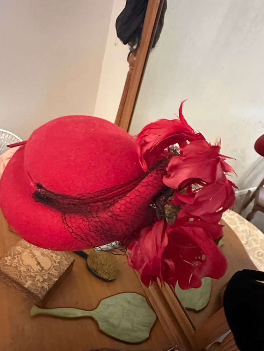 Red Wool Felt & Feather Hat with Veil